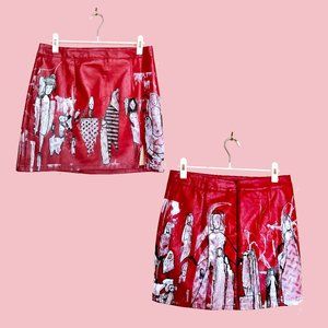 Congregation handpainted red vegan leather mini skirt M